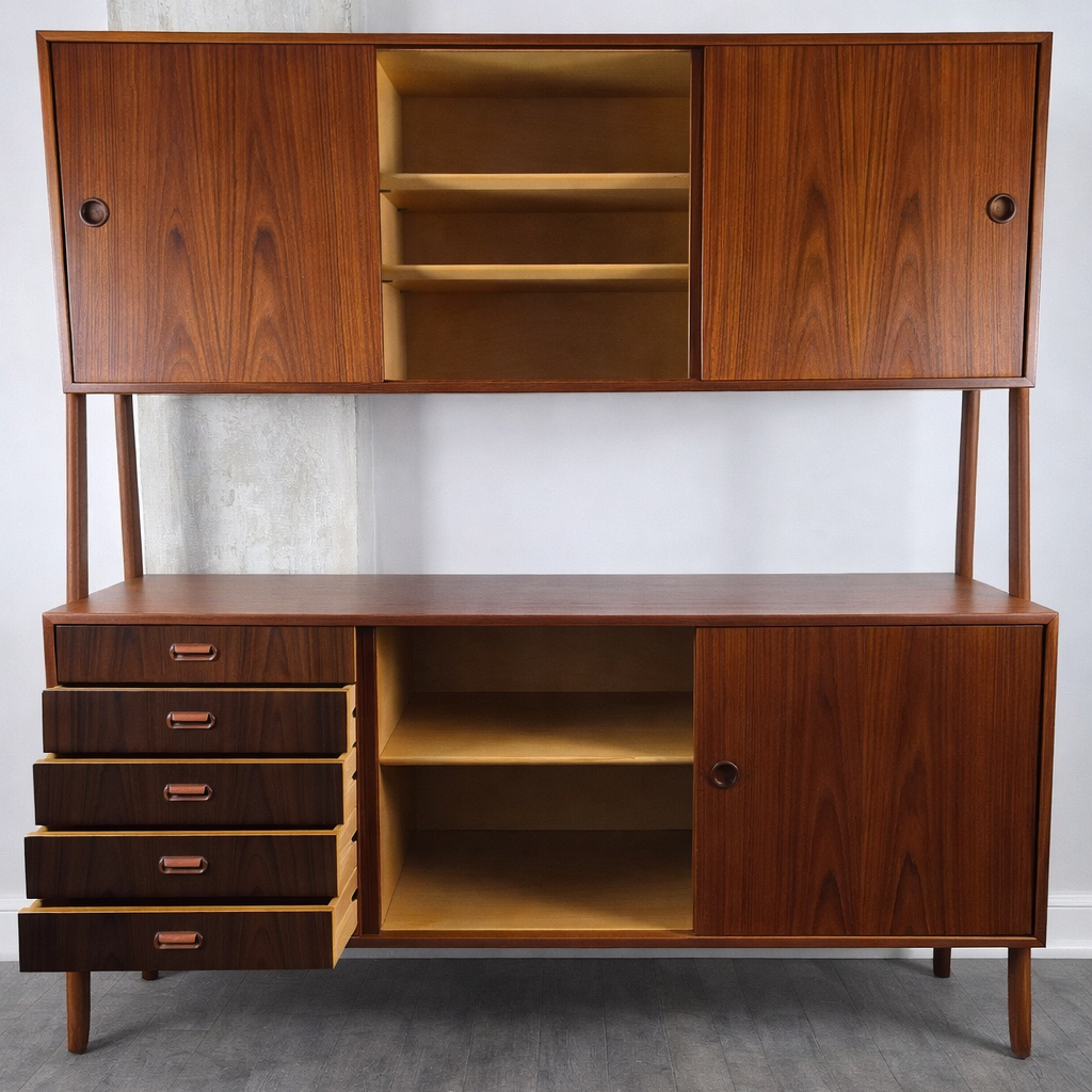 Double Enfilade Modèle 3 en Teck par Gunni Omann pour Oman Junn Møbelfabrik, Danemark, 1960 – vue portes et tiroirs ouverts – en teck – Danemark, années 1960 – Atelier 56