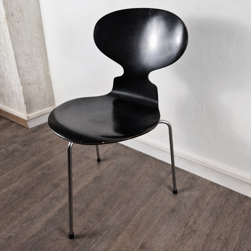Paire de chaises en hêtre noir satiné modèle 3100 "fourmi" par Arne Jacobsen pour Fritz Hansen, Danemark, 1957 – vue de profil – en métal – Danemark – Atelier 56