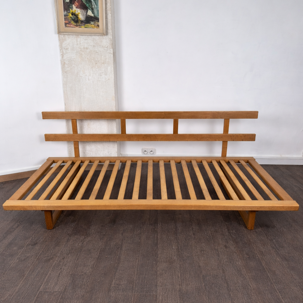 Canapé lit en chêne, hêtre et laine model BM4312 Daybed Sofa par Børge Mogensen pour Fredericia, Danemark, 1960. – détail du matériau – en chêne – Danemark, années 1960 – Atelier 56