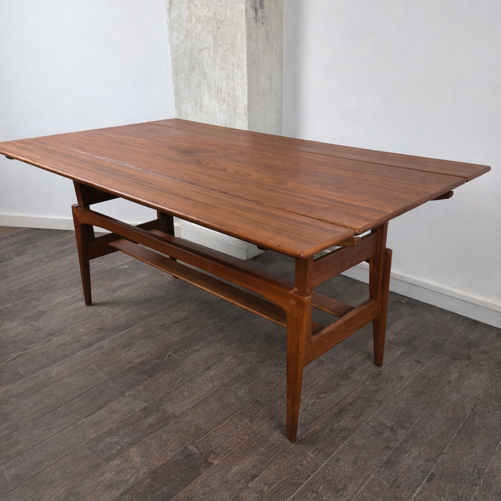 Table basse en teck à hauteur et largeur modifiables par Kai Kristiansen pour Trioh, Danemark, 1960 – vue de dessus – en teck – Danemark, années 1960 – Atelier 56