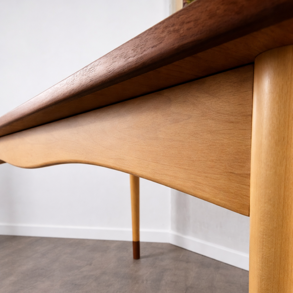 Rare table de salle à manger en teck et érable avec 2 extensions par Finn Juhl pour Bovirke, Danemark, 1950 – détail du piètement – en teck – Danemark, années 1950 – Atelier 56